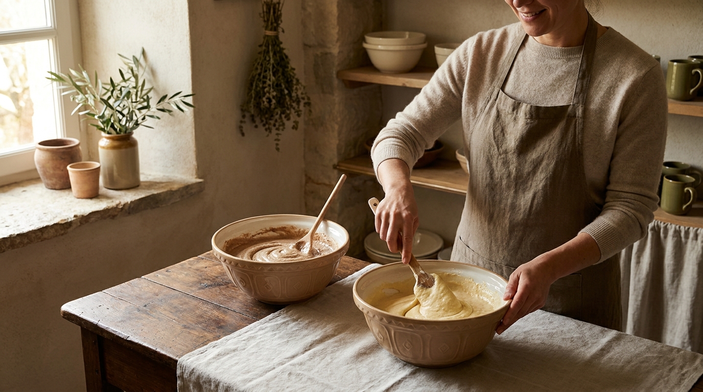 Filipina cook Petey folding vs stirring baking batter on a worn wood table in a rustic European kitchen with linen cloth and soft natural light