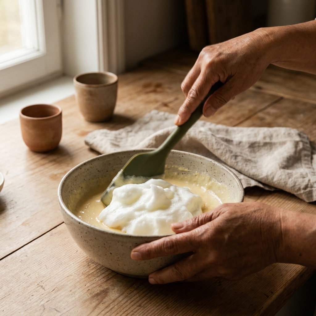 Illustration of gently folding a light mixture into batter