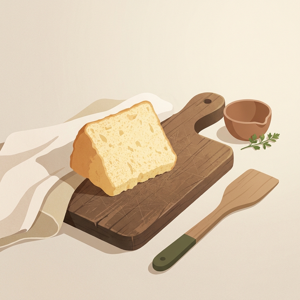 Minimalist 2D vector of a finished chiffon slice with tender airy crumb on a worn wood board beside a spatula and measuring bowl in a rustic European kitchen folding vs stirring baking batter