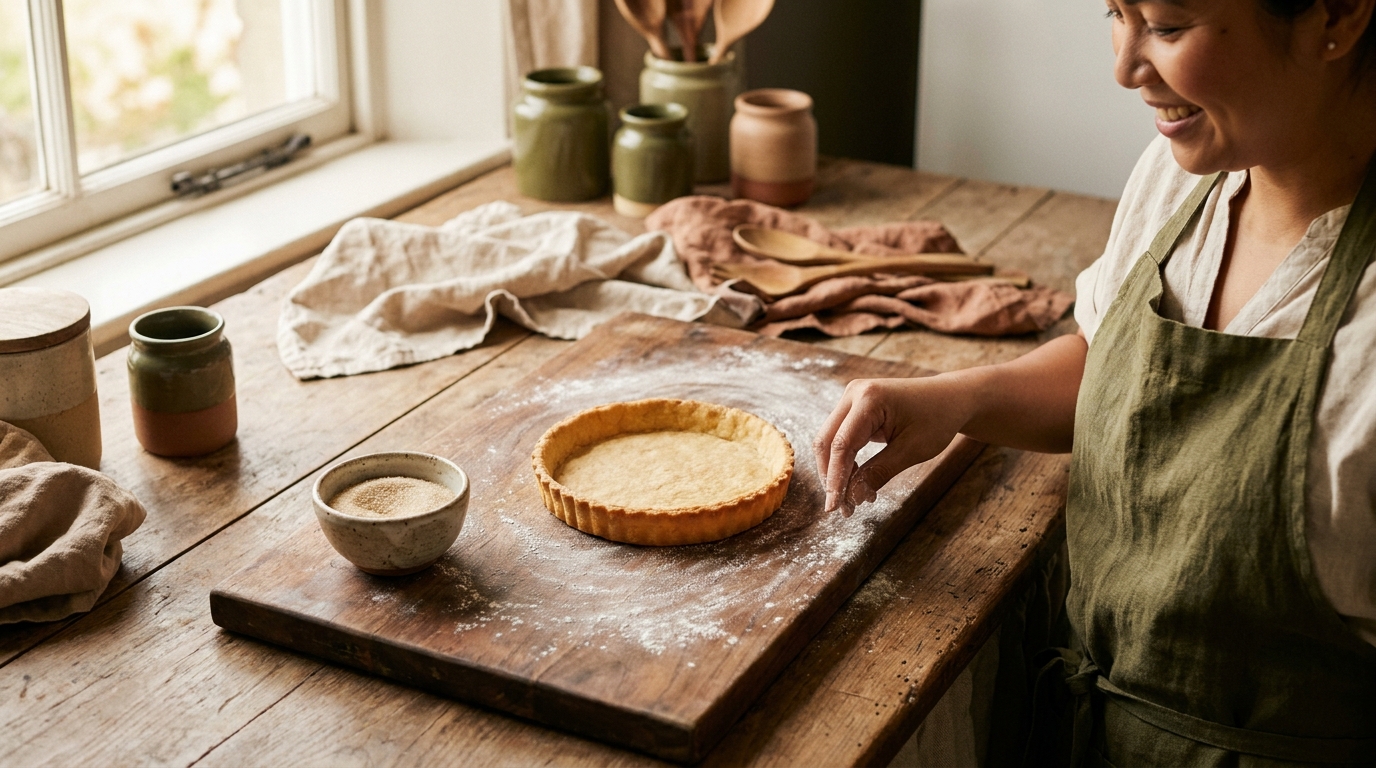 How to blind bake pastry blind baked tart shell on a floured wooden board with a small bowl of granulated sugar in a minimalist rustic European kitchen with linen and worn wood