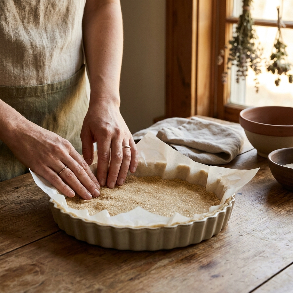 Close up of a fluted tart shell lined with parchment and packed sugar on a worn wood board in a rustic European kitchen with Petey the Filipina cook preparing for how to blind bake pastry