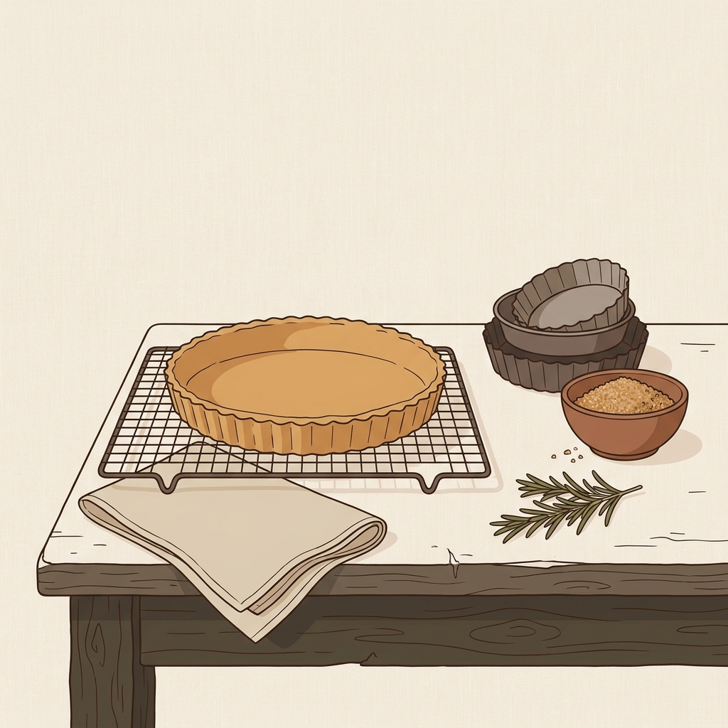 Minimalist 2D vector of a finished tart shell cooling on a rack beside a nested tart tin and a small bowl of toasted sugar on a worn wood counter with a linen towel how to blind bake pastry
