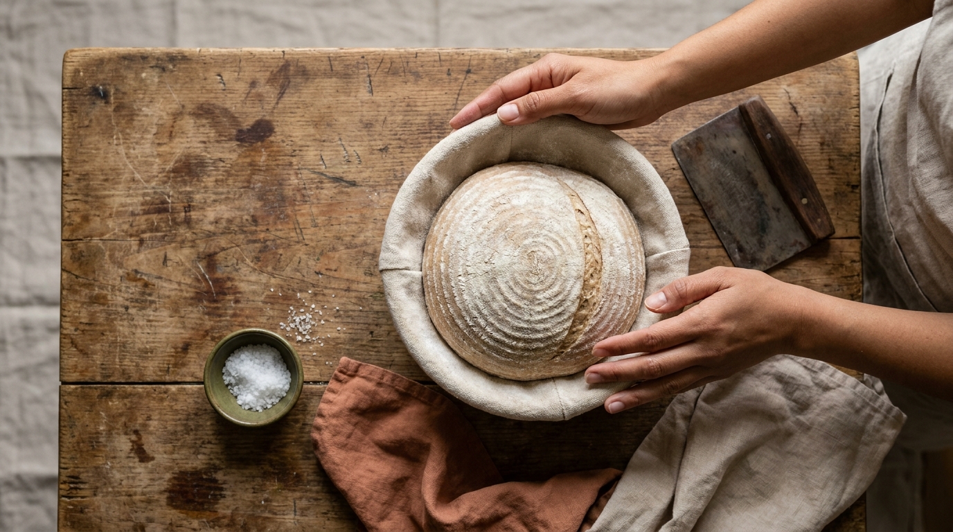 Overhead banneton with risen dough and bench knife on worn walnut wood in a rustic European kitchen by Petey a Filipina cook how to tell bread dough is proofed