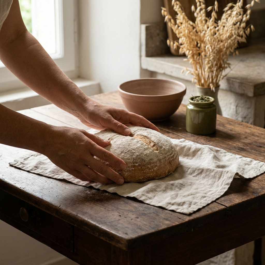 How to tell bread dough is proofed finger poke test on a shaped boule by Petey a Filipina cook in a rustic European kitchen with worn walnut wood table and linen textiles