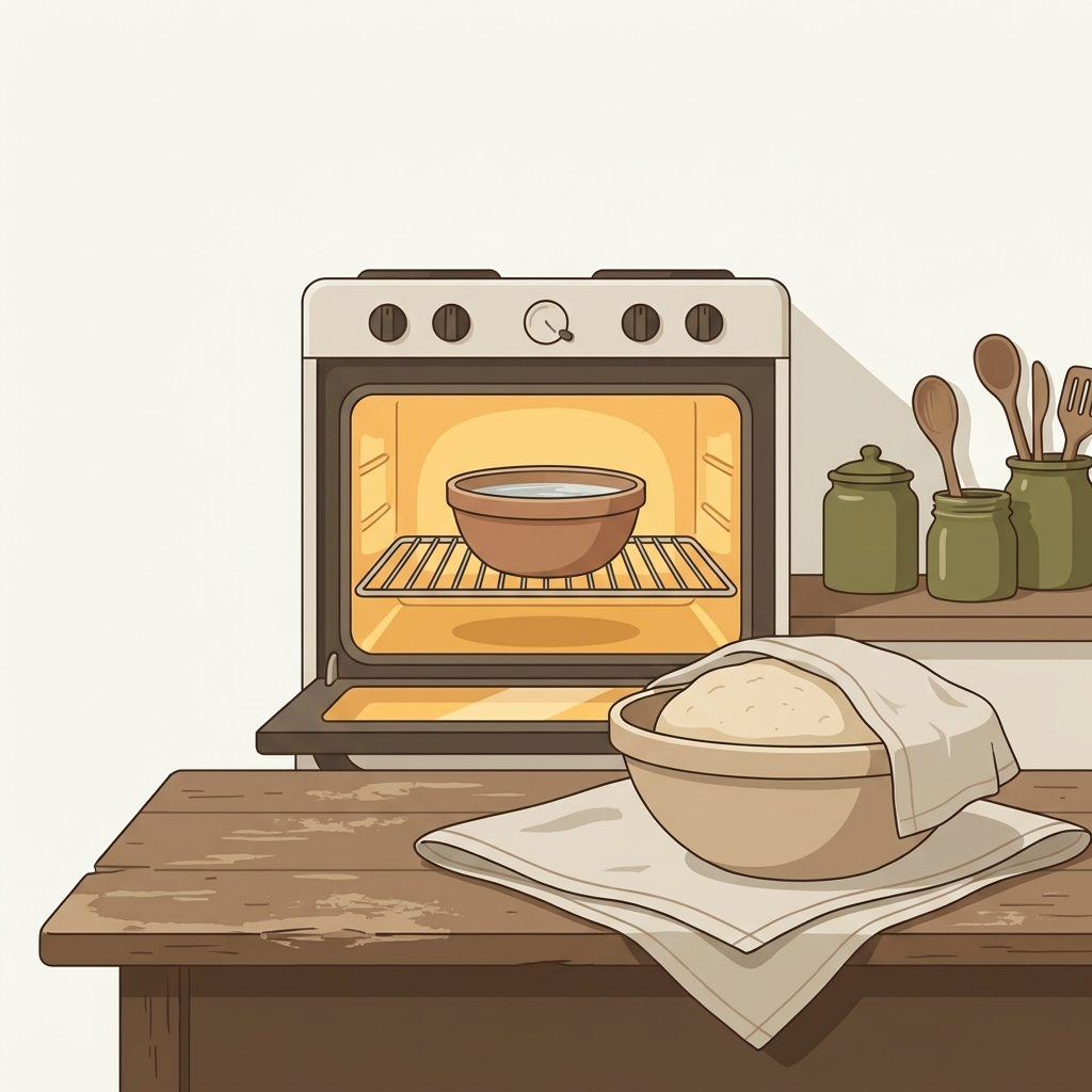Minimalist 2D vector of an open oven with warm interior light and a bowl of warm water used to proof bread dough on a worn wood countertop in a rustic European kitchen how to tell bread dough is proofed