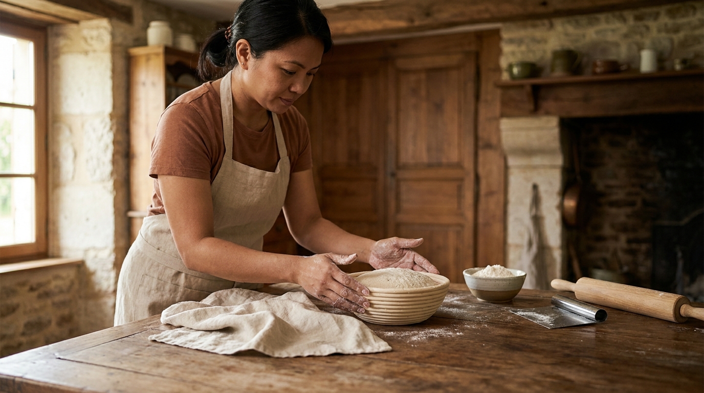 Petey a Filipina cook checking a banneton of proofing bread dough on a worn wood table in a rustic European kitchen how to tell bread dough is proofed