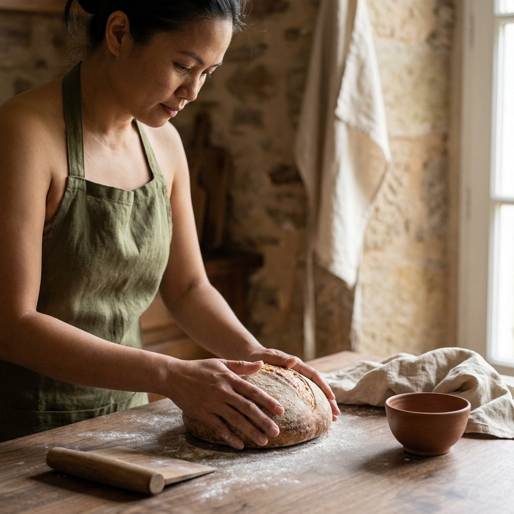 Petey performing a poke test on a shaped loaf in a rustic European kitchen with a bench scraper nearby showing how to tell bread dough is proofed