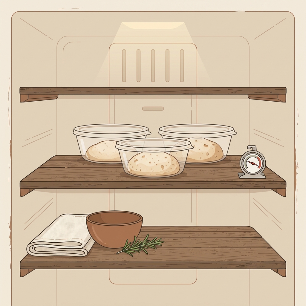 Vector illustration of fridge shelf in a warm rustic European kitchen with covered dough containers and a visible reliable thermometer illustrating how to tell bread dough is proofed