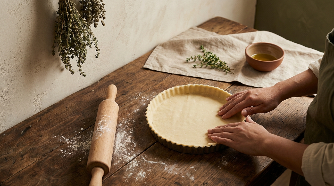 How to blind bake pastry setup on a worn wood countertop with rolled pastry and tart pan, linen backdrop and warm natural light in stirred daily colors