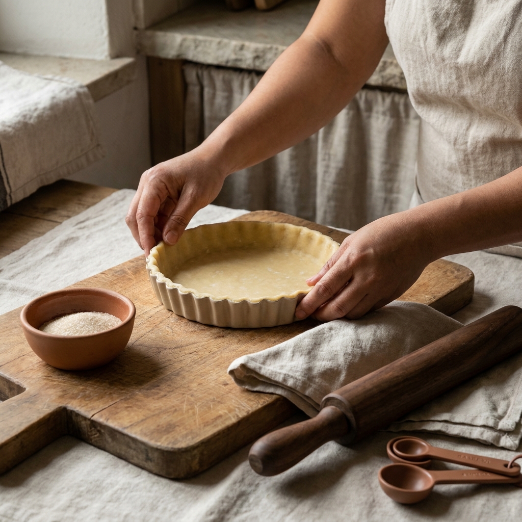 Close full frame view of a chilled lined tart shell on worn wood with a small bowl of granulated sugar used as weights and Petey a Filipina cook living in Europe preparing how to blind bake pastry