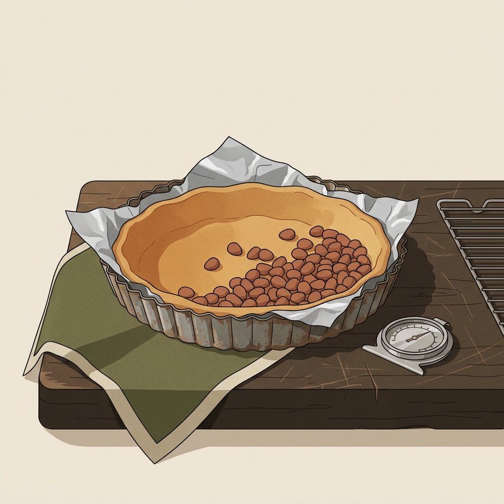 Minimal vector of an oven ready tart shell in a tin with foil and weights beside an oven thermometer and cooling rack on worn wood how to blind bake pastry