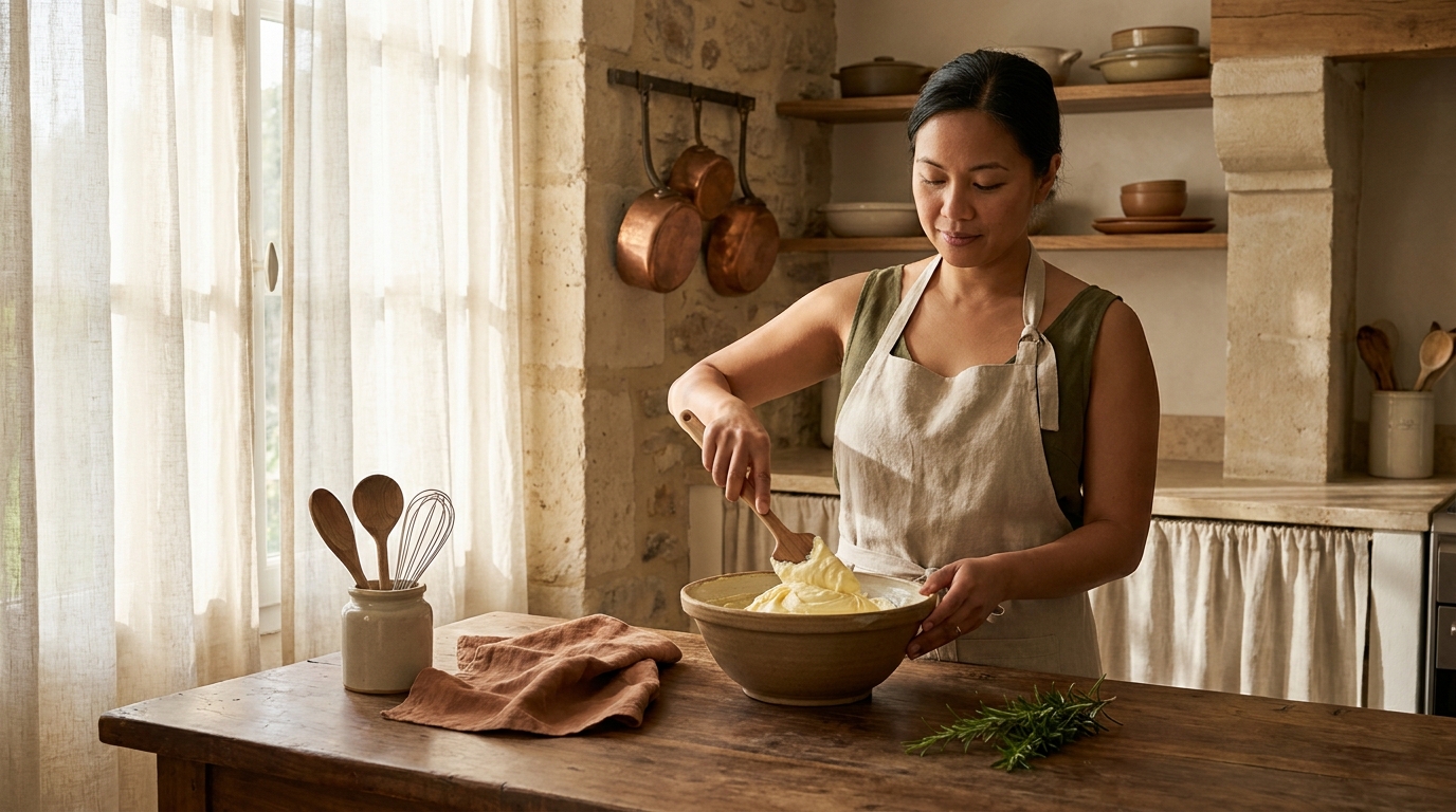 Petey a Filipina cook in a rustic European kitchen stirring buttercream in a ceramic bowl on a worn wood counter with linen and natural light how to fix split buttercream