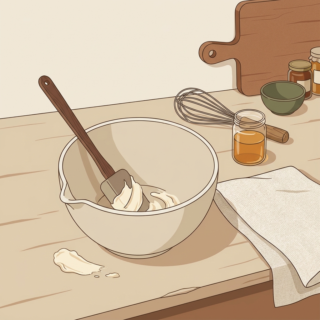 Minimalist 2D vector of a stand mixer bowl and spatula with scraped buttercream on a worn wood counter in a rustic European kitchen showing how to fix split buttercream using warm tones and linen textures