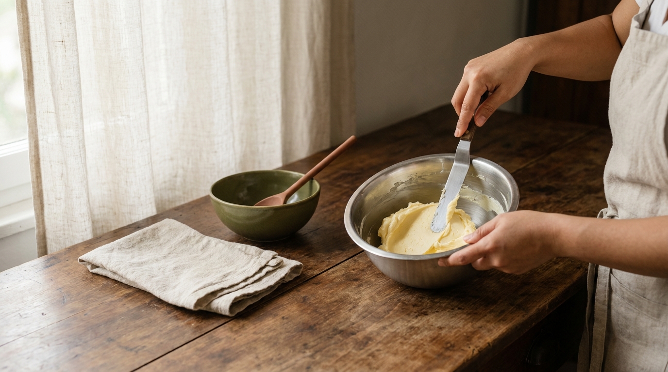 Petey a Filipina cook in a rustic European kitchen mixing buttercream in a bowl with a spatula on a worn wood counter in linen and clay tones how to fix split buttercream