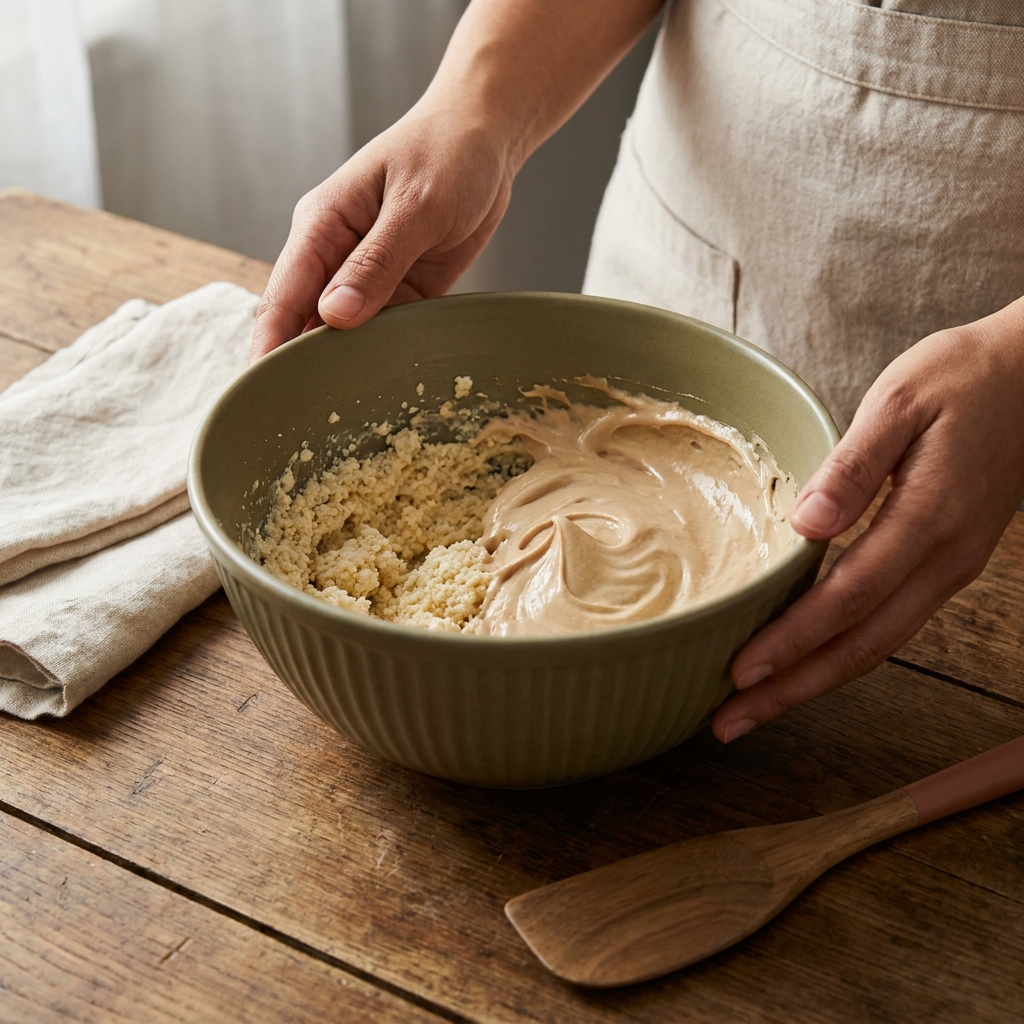 Close up of mixing bowl with curdled buttercream on one side and smooth buttercream on the other in a rustic European kitchen showing how to fix split buttercream