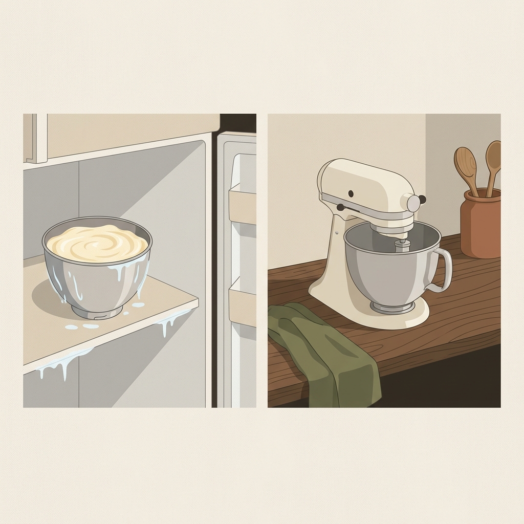 Minimalist 2D vector illustration of a chilled mixing bowl in a refrigerator and the same bowl placed on a stand mixer on a warm wood countertop in a rustic European kitchen how to fix split buttercream