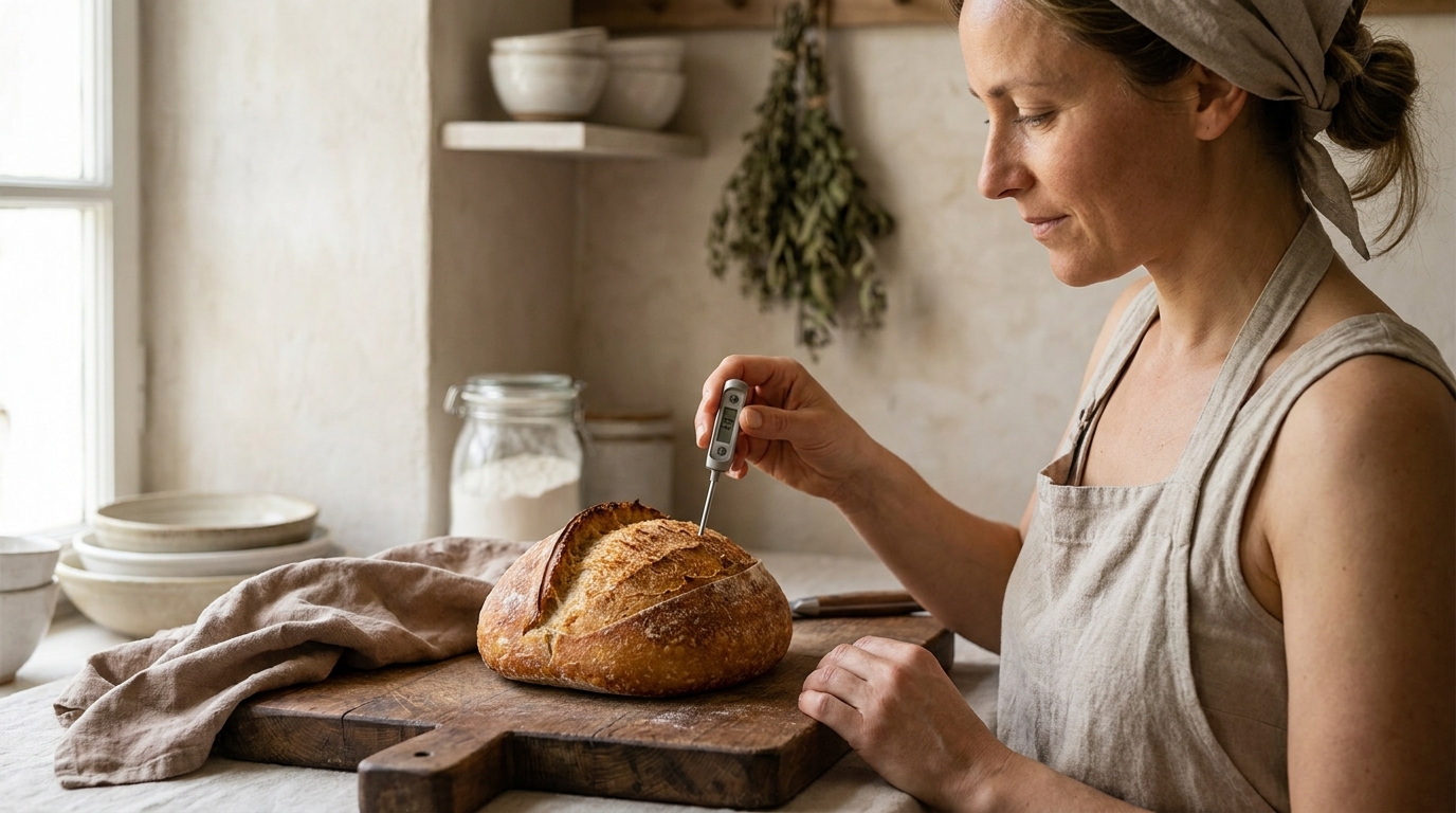 Filipina baker Petey inserting a kitchen thermometer into a loaf in a rustic European kitchen with worn wood and linen how to use a kitchen thermometer baking