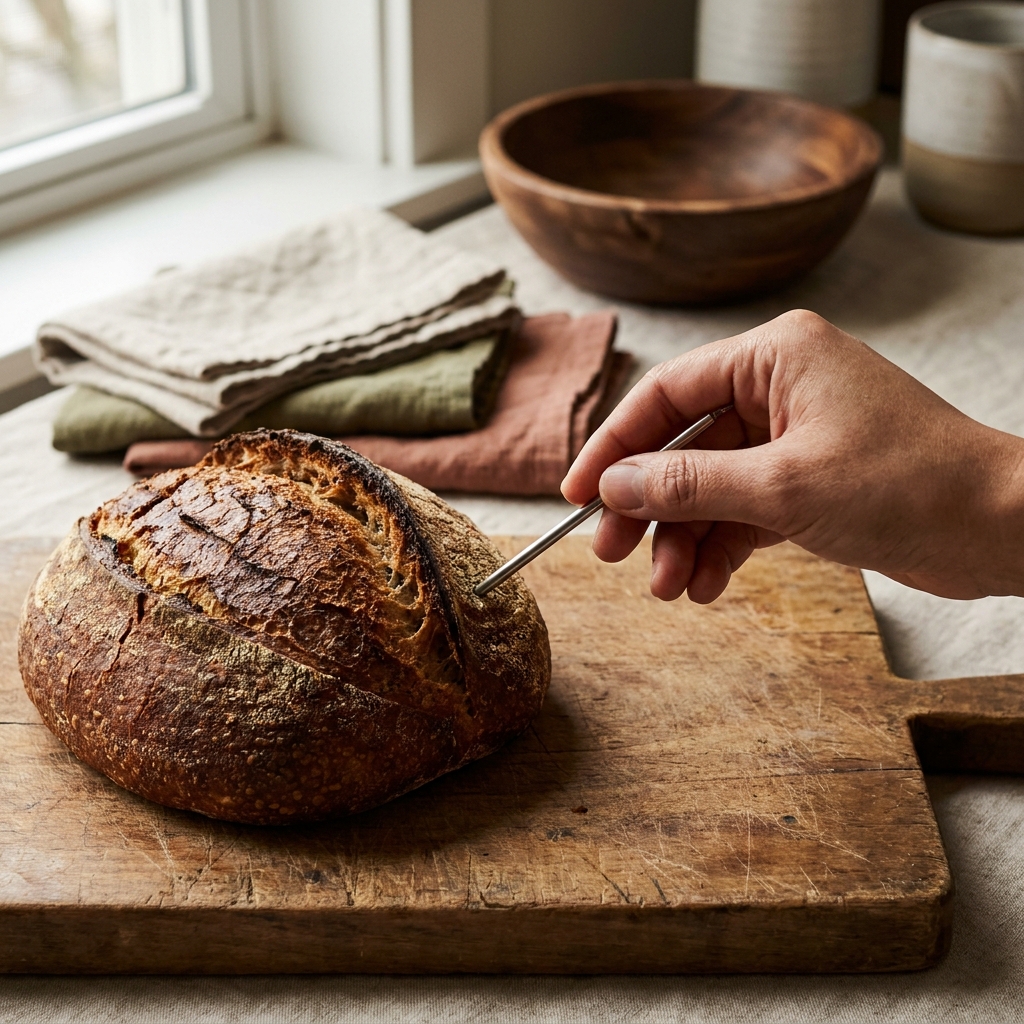 Close up of a probe kitchen thermometer inserted into a sourdough loaf on a wooden board in a rustic European kitchen with linen and worn wood accents how to use a kitchen thermometer baking