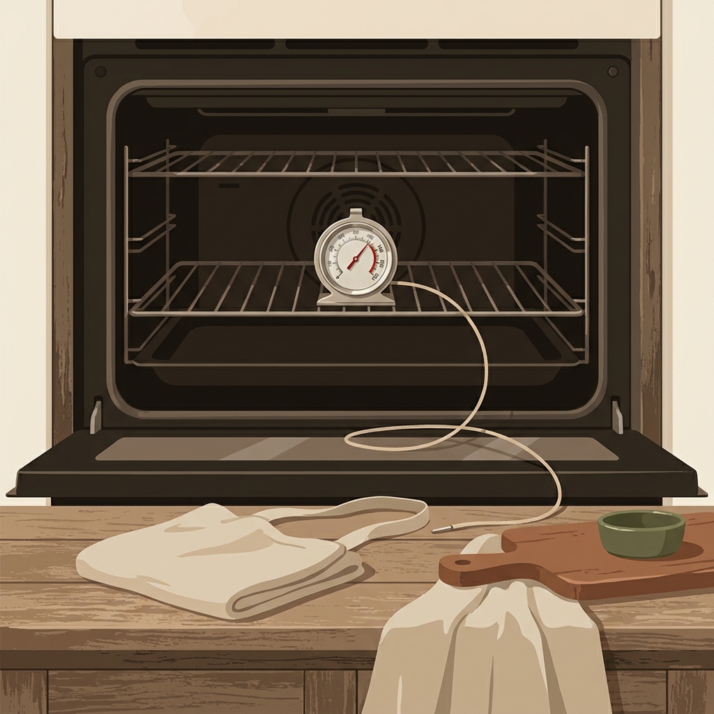 Vector illustration of an oven interior with an oven thermometer on the middle rack and probe cable exiting a slightly ajar oven door, linen cloth and worn wooden counter in a rustic European kitchen how to use a kitchen thermometer baking