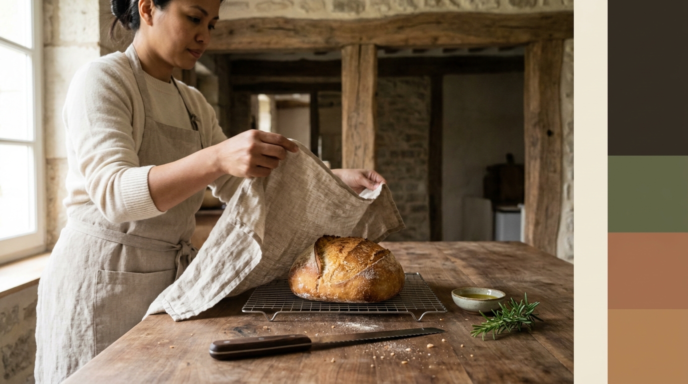 How to store homemade bread cooling loaf on wire rack on wooden table next to linen cloth in a minimalist rustic European kitchen with Filipina cook Petey arranging cloth