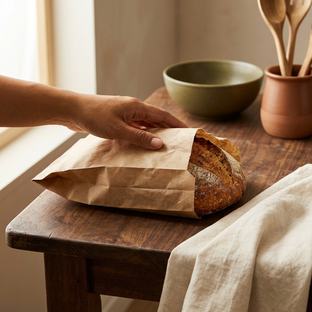 Crusty sourdough loaf in paper bag on worn walnut wood with folded linen and Filipina cook Petey hand in rustic European kitchen how to store homemade bread