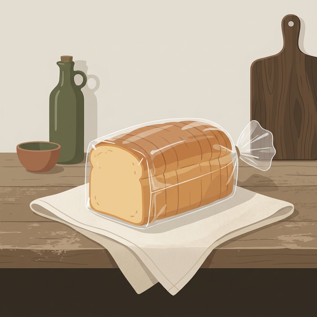 Minimalist 2D vector illustration of a soft sandwich loaf partly wrapped in a clean plastic bag on a worn wood kitchen counter in a rustic European kitchen showing how to store homemade bread