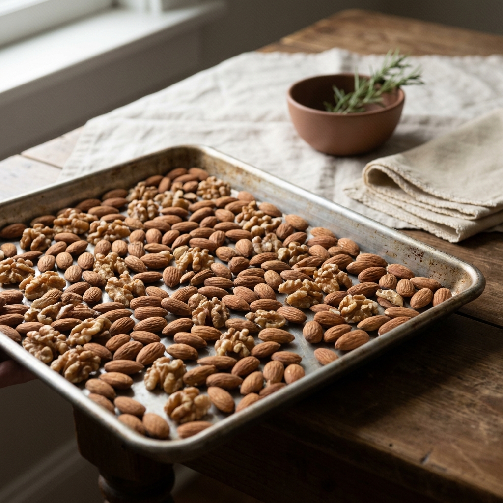 Close up rimmed baking sheet with a single layer of almonds and walnuts on a worn wood table with a linen cloth in Stirred Daily tones showing how to toast nuts in oven in a rustic European kitchen