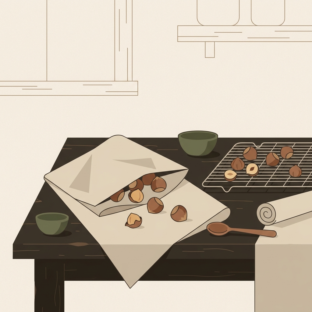 How to toast nuts in oven minimalist 2D vector of hazelnuts rubbed in a towel to remove skins beside a cooling tray on a worn wood counter with linen in a rustic European kitchen