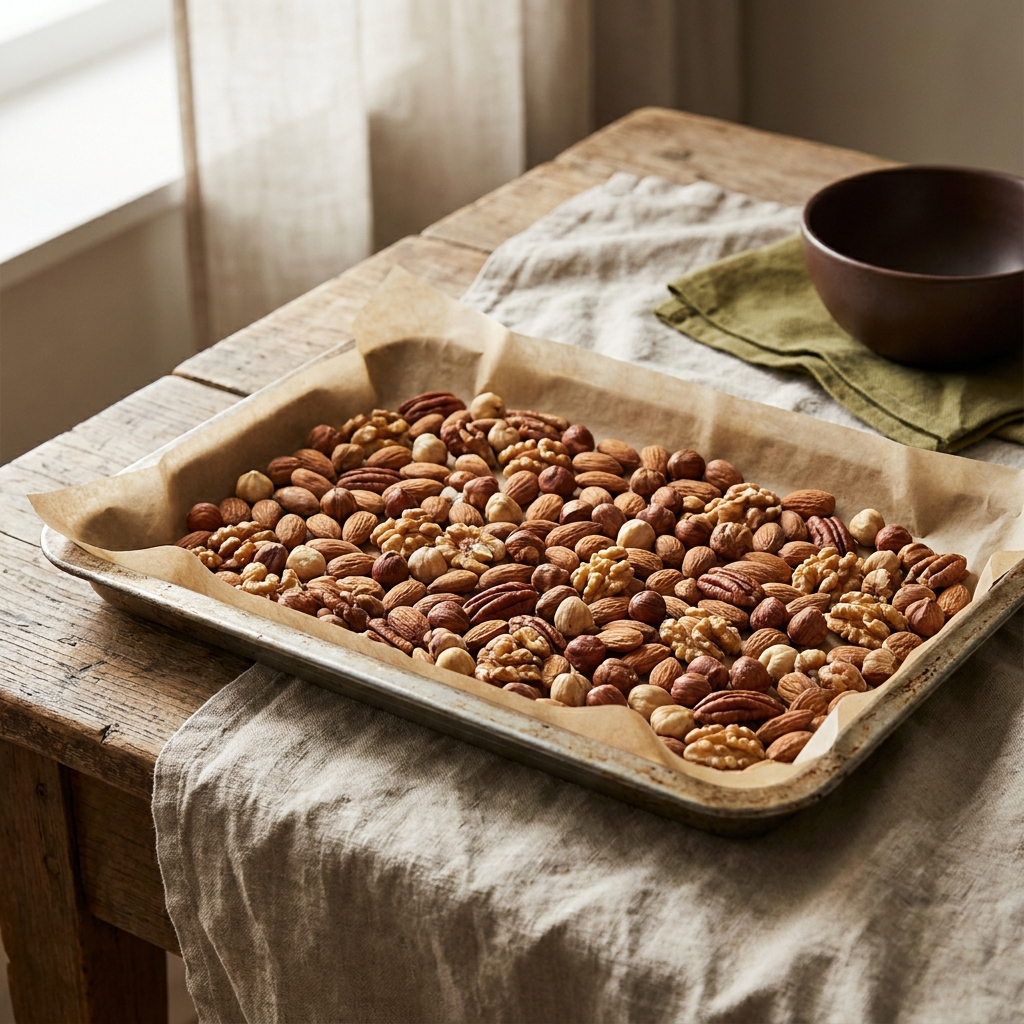 Close up overhead of a flat baking tray lined with parchment holding an even single layer of mixed nuts on a walnut wood surface in a rustic European kitchen how to toast nuts in oven