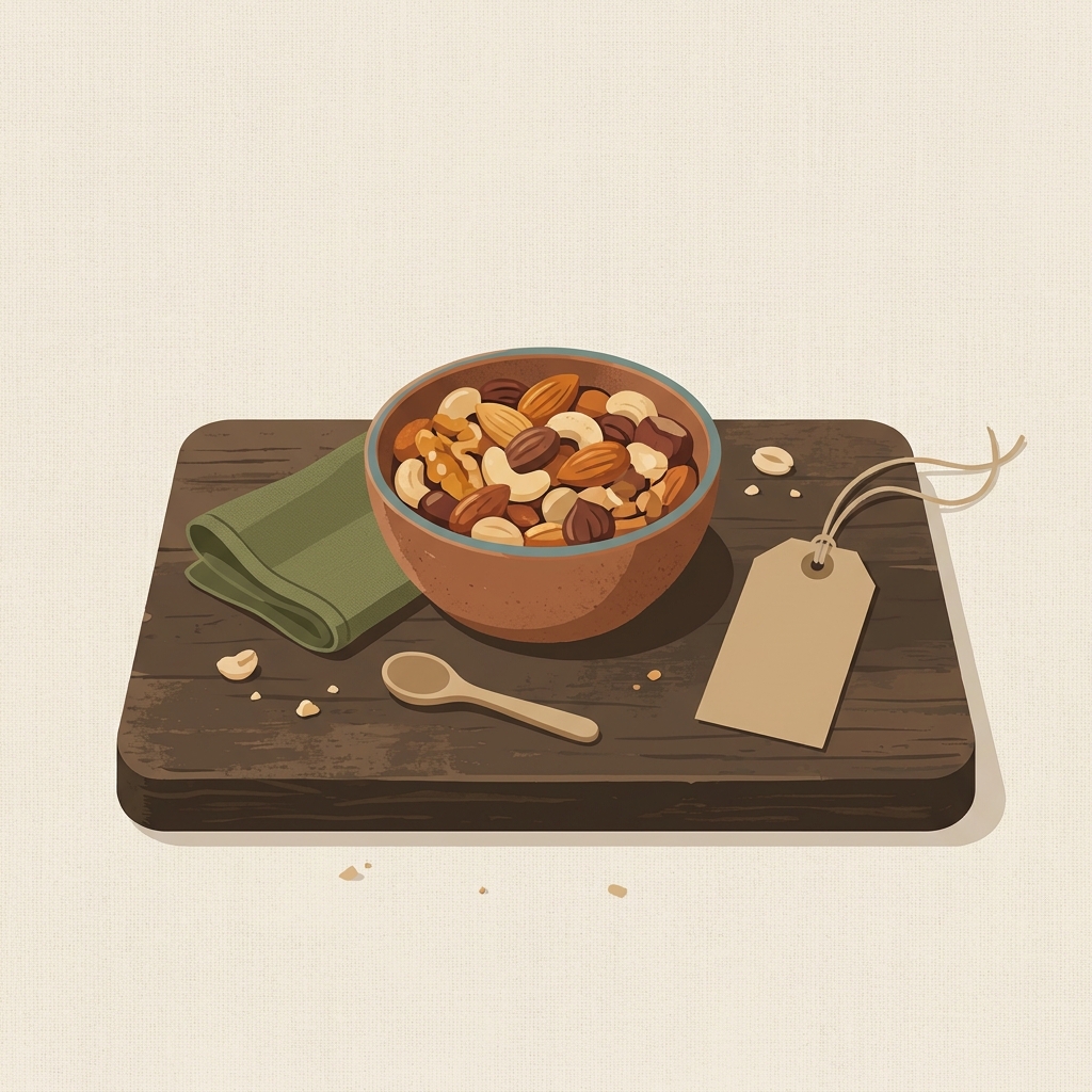 Minimalist 2D vector illustration of a small bowl of cooled toasted mixed nuts on a worn wooden board with a blank kraft tag tied with twine beside it on a linen backdrop in a rustic European kitchen how to toast nuts in oven