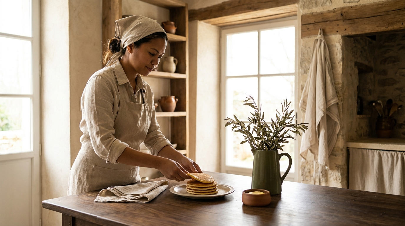 Pancake batter and cooked pancakes on a kitchen worktop