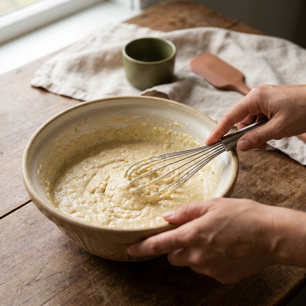 Mixing bowl with pancake batter and a whisk on a wooden worktop