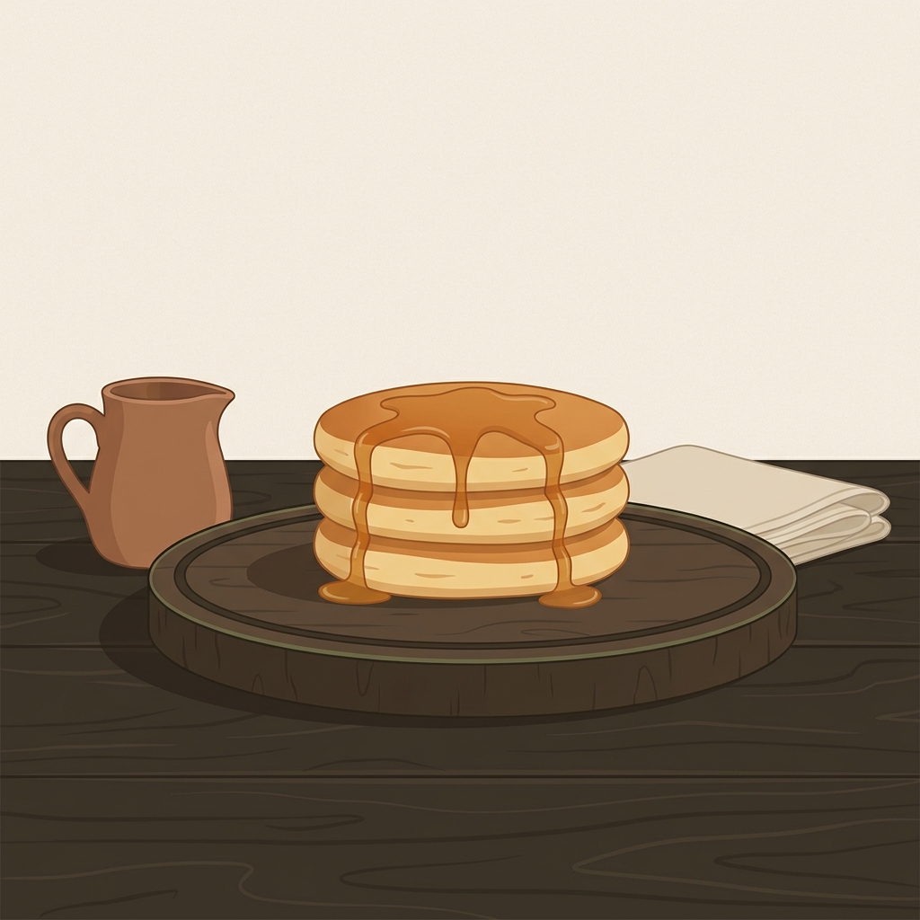 Illustration of a pancake stack beside a small syrup jug