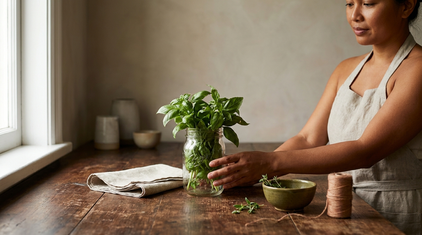 Jar of fresh basil on a worn wooden counter in a rustic European kitchen with a linen napkin and soft natural light showing Petey a Filipina cook arranging herbs
