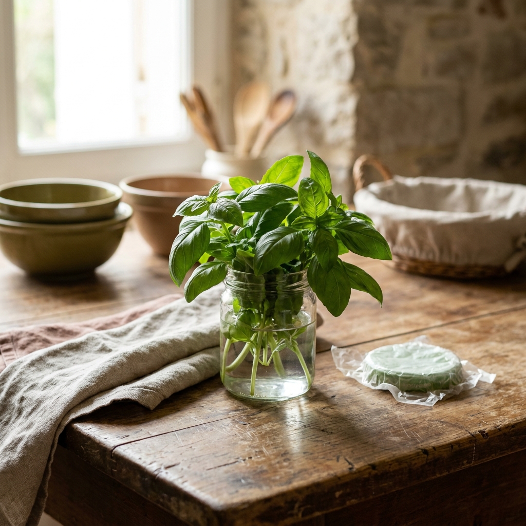 Close up of a glass jar used as a basil bouquet on a wooden table in a rustic European kitchen with Petey a Filipina cook arranging it by hand