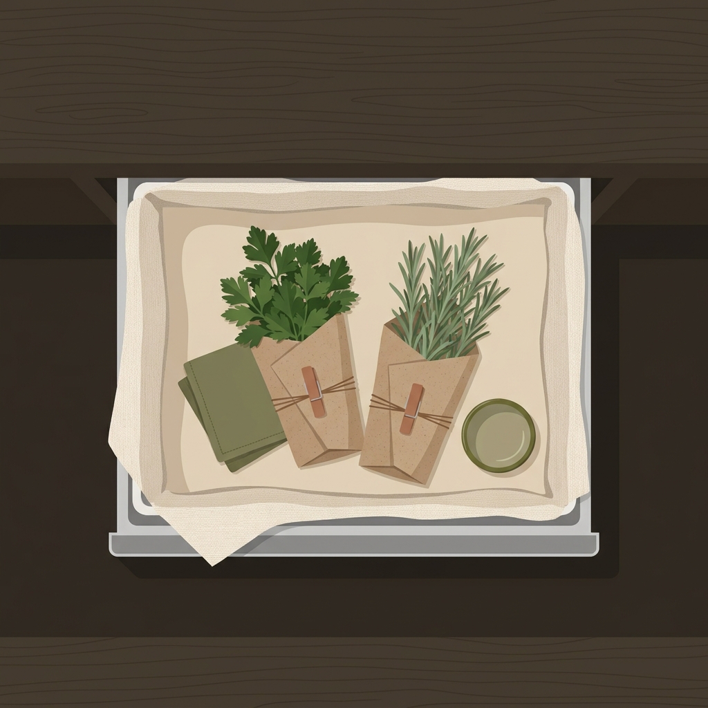 Overhead 2D vector illustration of an open refrigerator drawer in a rustic European kitchen showing parsley and rosemary bundles wrapped in paper towels inside a shallow linen container