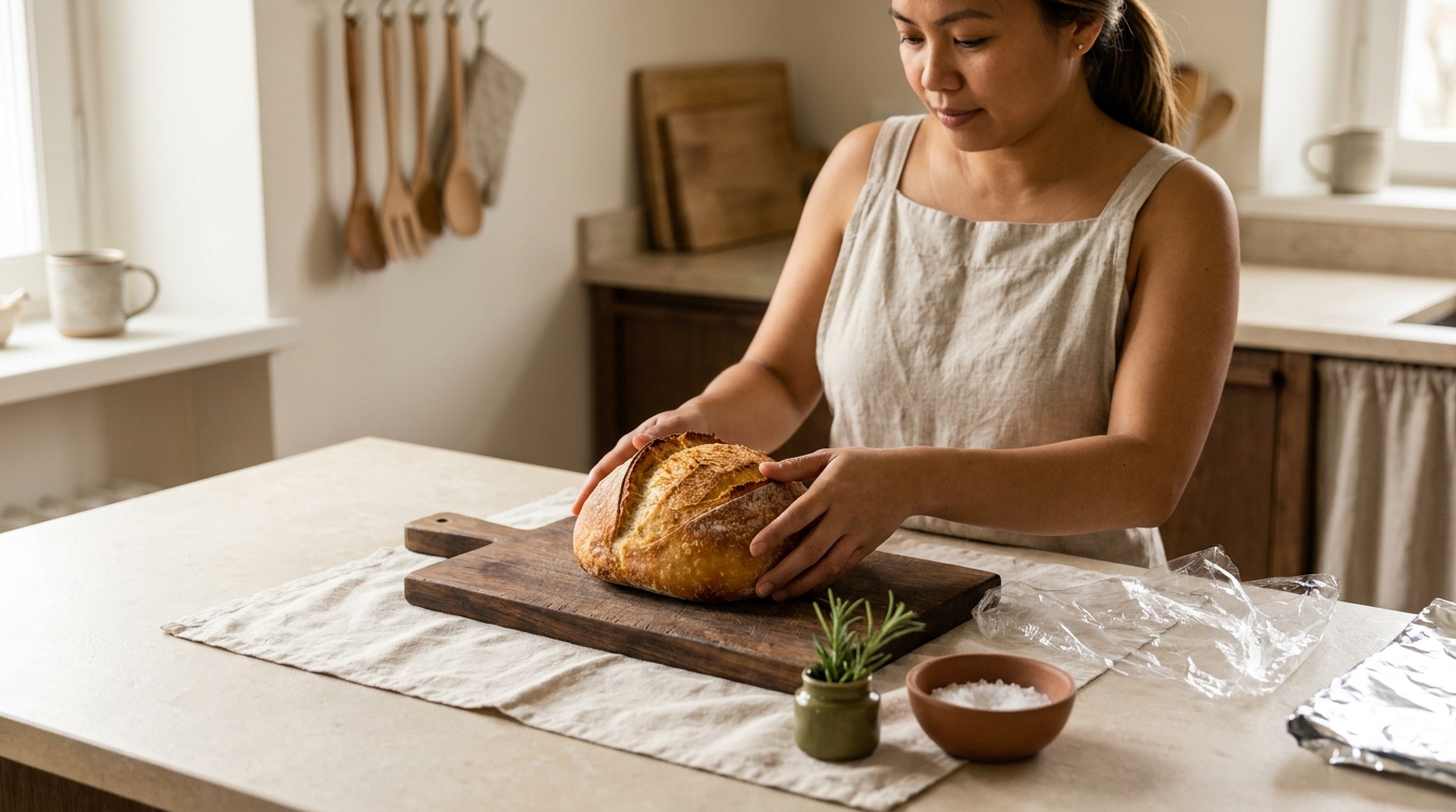 Should i freeze bread in plastic or foil Petey a Filipina cook holds a rustic loaf on a walnut board beside plastic wrap and folded foil in a minimalist European kitchen