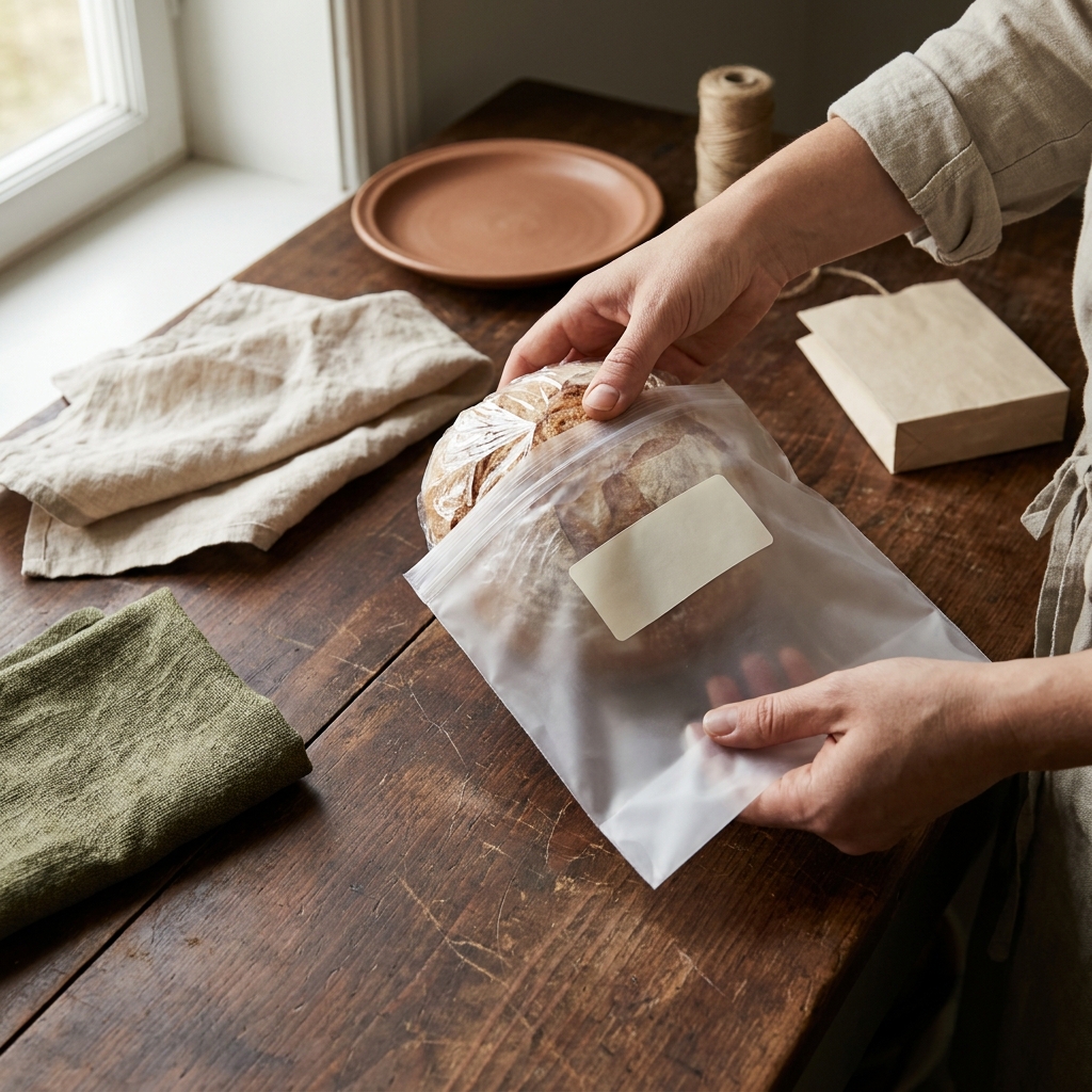 Wrapped loaf in plastic being placed into a freezer bag with blank label on a worn wooden counter in a rustic kitchen should i freeze bread in plastic or foil