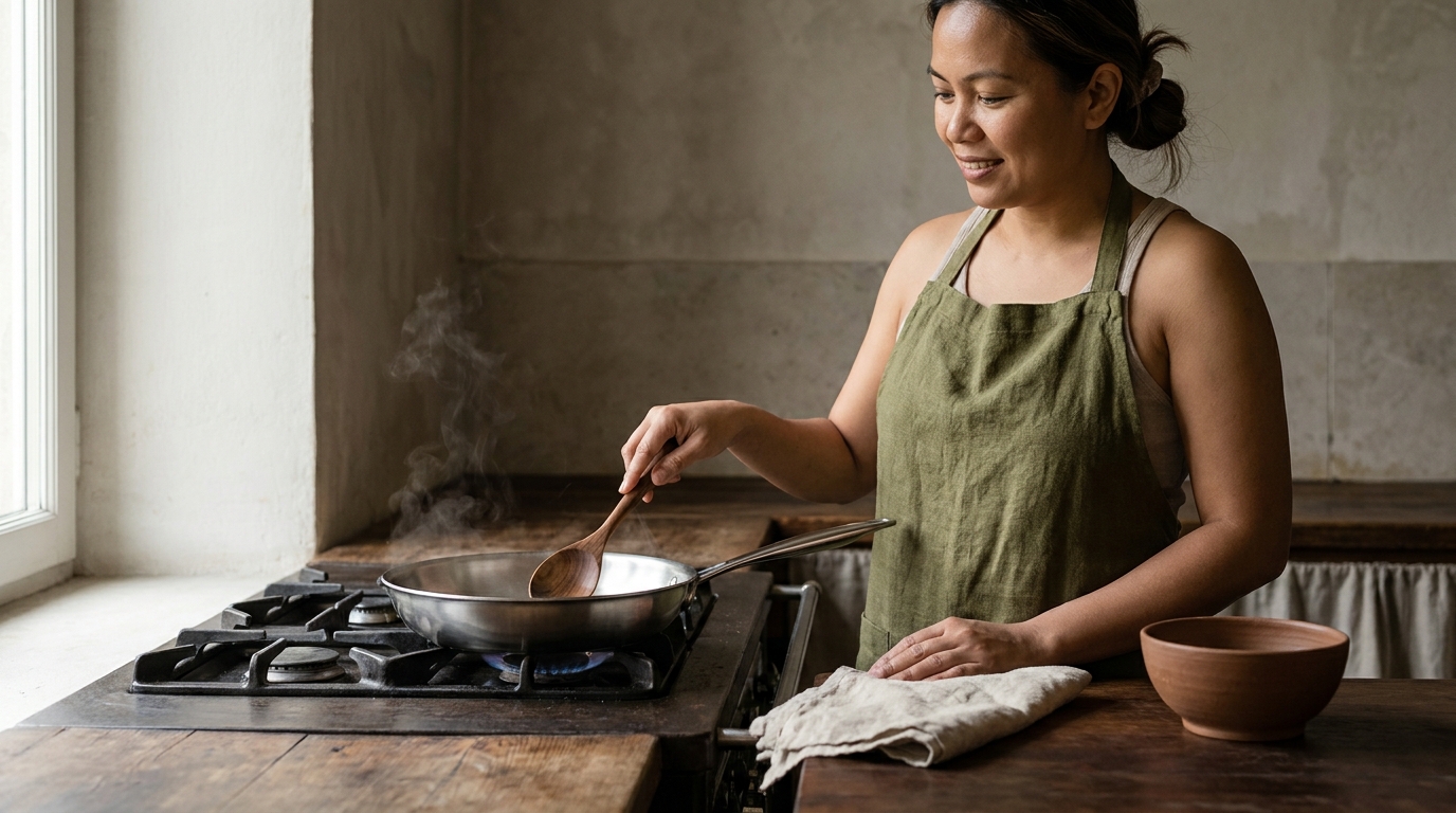 How to know when a stainless steel pan is ready Petey a Filipina cook in a rustic European kitchen heating a stainless steel skillet on a stove with linen and worn wood surfaces