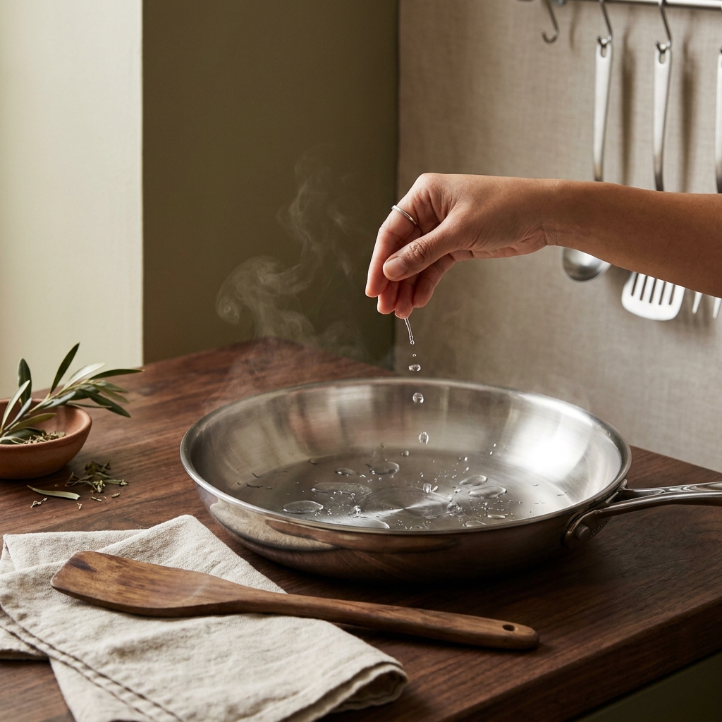 Hand flicking water droplets into a preheated stainless steel pan in a rustic European kitchen with linen and worn wood how to know when a stainless steel pan is ready
