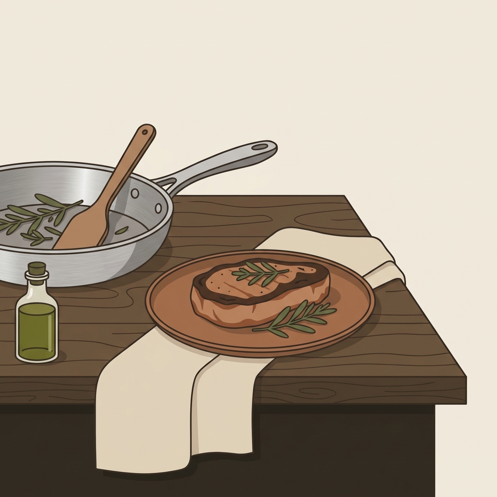 Minimalist 2D vector of a rustic European kitchen counter with a stainless steel skillet beside a plated seared protein on worn wood and linen with herb garnish and simple props how to know when a stainless steel pan is ready