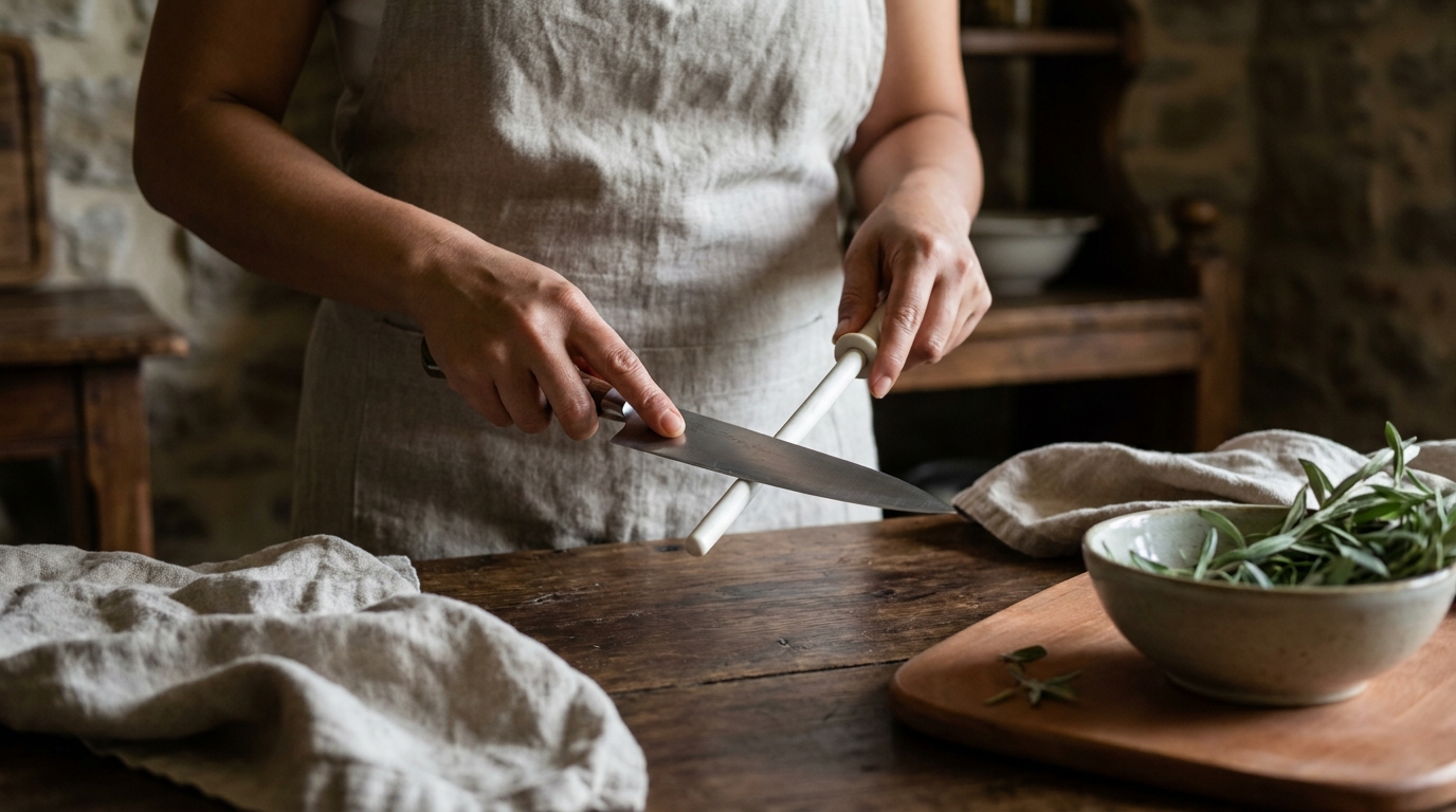 Petey a Filipina cook holding a honing rod and chef knife over a wooden board in a rustic European kitchen with worn wood and linen should you sharpen or hone a knife first