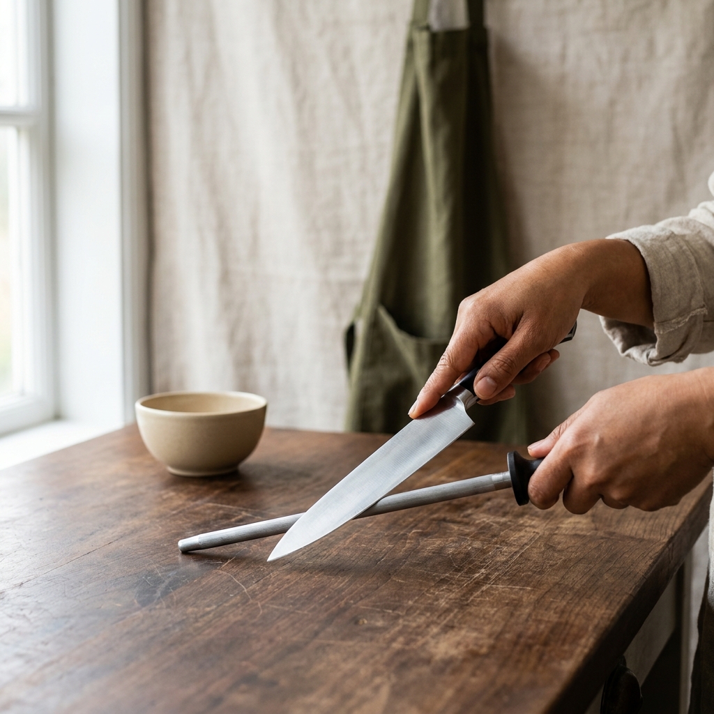 Petey a Filipina cook holding a knife at a 15 to 20 degree angle to a honing rod over a wooden counter should you sharpen or hone a knife first