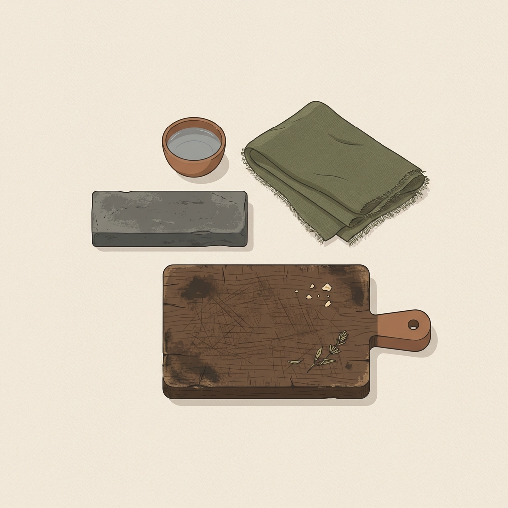 Vector illustration of a whetstone cloth and well used cutting board on a worn wood linen countertop in a rustic European kitchen should you sharpen or hone a knife first