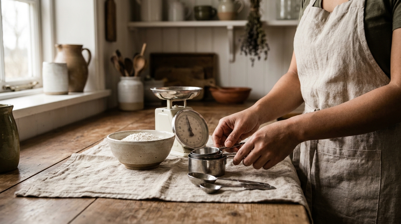 How to correctly measure flour in a rustic European kitchen with Petey a Filipina cook arranging measuring cups spoons and a small scale on a worn wood counter