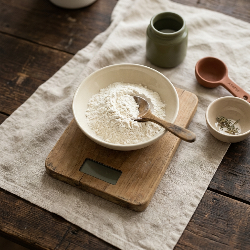 How to correctly measure flour close up of Petey a Filipina cook living in Europe using a digital kitchen scale with a shallow bowl of flour and a wooden spoon on a walnut wood counter with linen accents