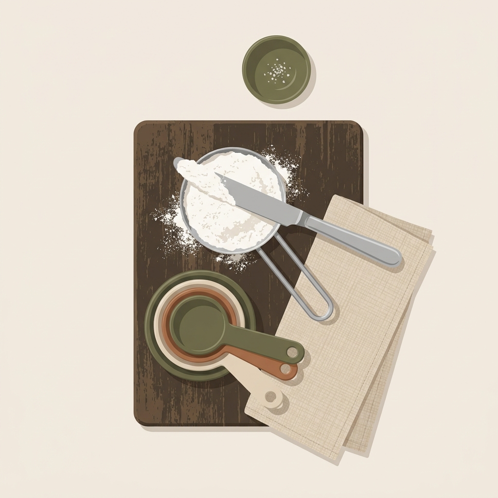 Top down vector illustration of dry measuring cups being leveled with a straight edged knife on a worn wood board beside a folded linen showing how to correctly measure flour