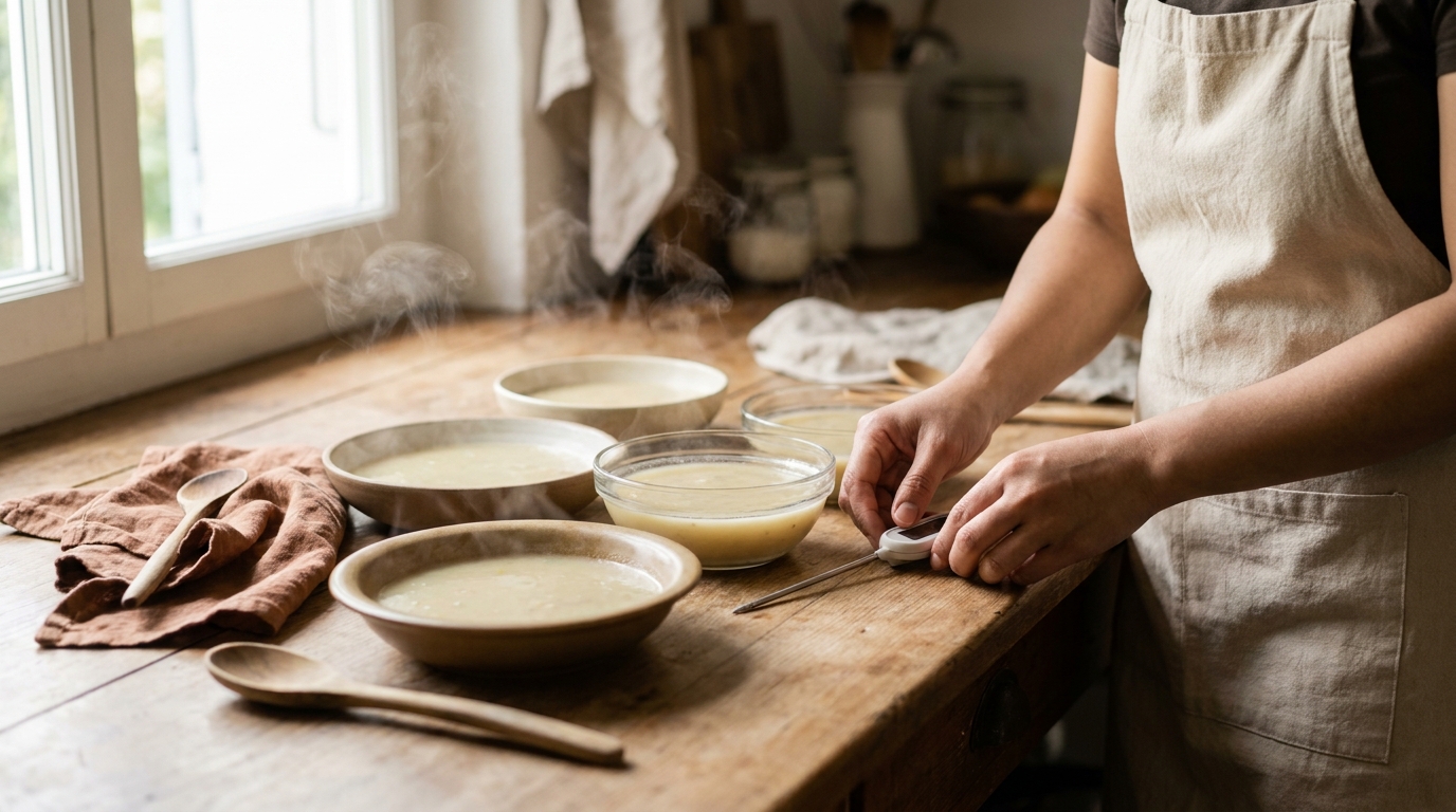 Petey arranging cooling soup containers on a worn wood countertop in a rustic kitchen do you have to let leftovers cool before refrigerating