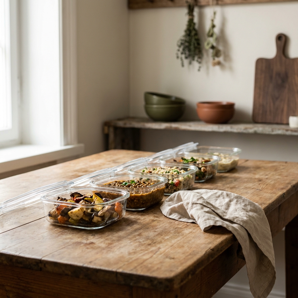 Rustic European kitchen tabletop with shallow glass containers of cooling leftovers linen napkin and muted Stirred Daily palette do you have to let leftovers cool before refrigerating