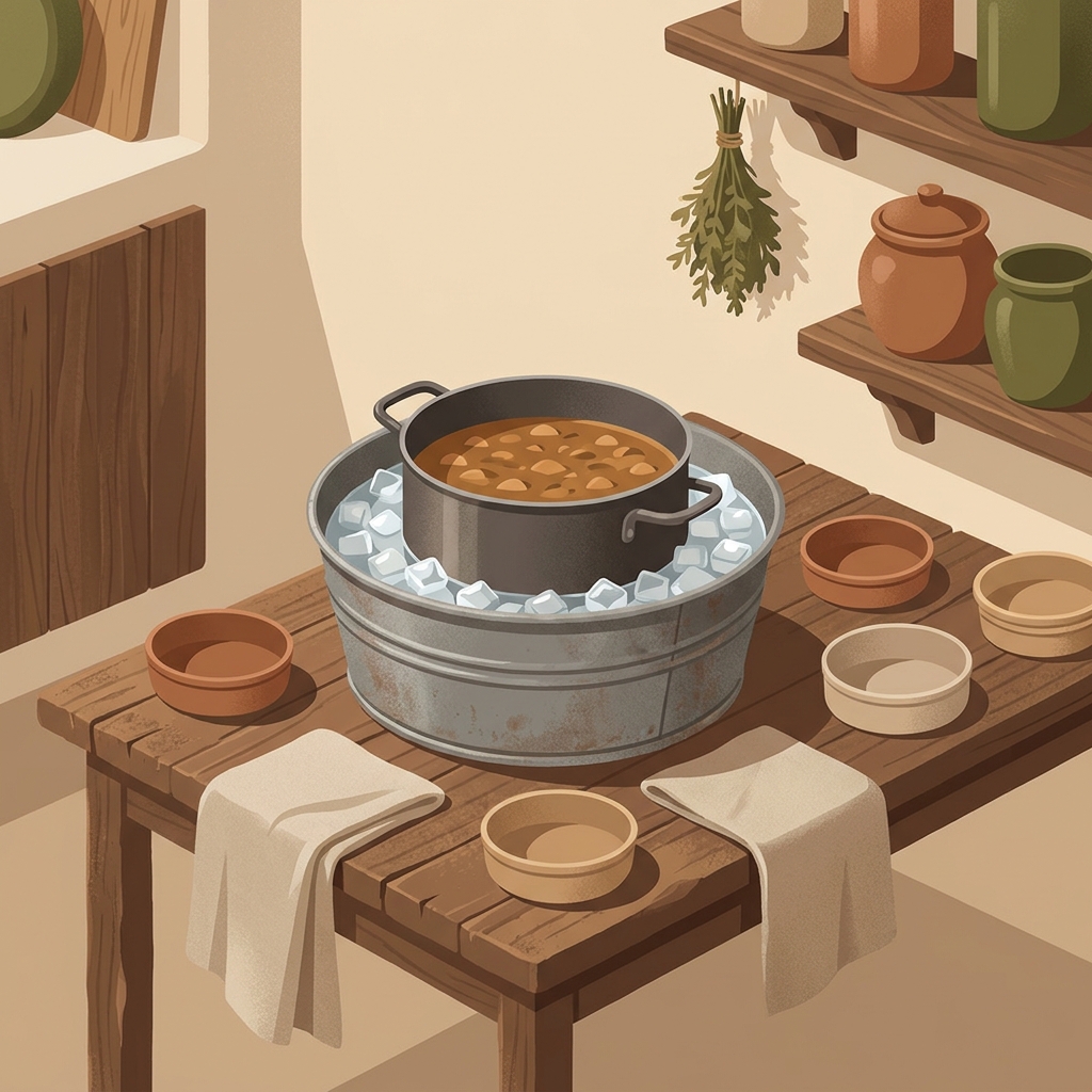 Minimal vector illustration of a pot in an ice bath on a worn wooden kitchen table with shallow containers for portioning and linen cloth in brand tones do you have to let leftovers cool before refrigerating